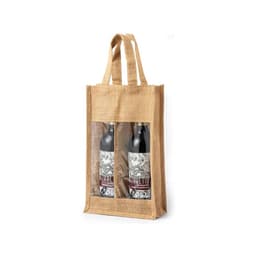 A jute bag in natural colour, featuring two transparent sections for holding drink bottles. It has long handles and a logo.