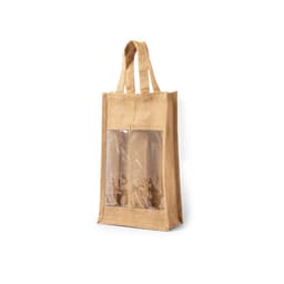 A natural jute bag with clear panels and two handles, featuring a logo on the side.