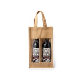 A jute bag with a natural finish, featuring two compartments for holding wine bottles. It has sturdy handles and a logo.