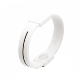 A white silicone wristband with a sleek design, featuring a subtle black line and a branding logo.