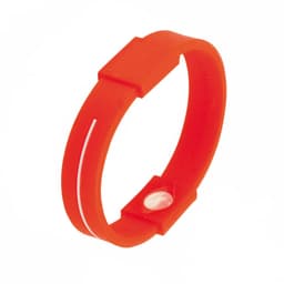 A red silicone wristband featuring a smooth surface and a small rounded element, with a logo.