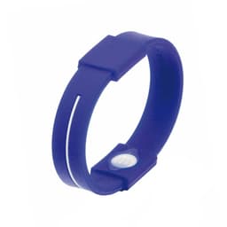 A purple silicone wristband featuring a white stripe and a logo. Ideal for promotional events.