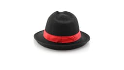 A black hat with a wide brim and a red ribbon band, featuring a textured mesh design. There is a logo present.