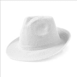 A white mesh hat with a wide brim and a structured crown, featuring a branding logo.
