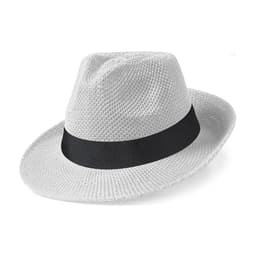 A white straw hat with a black ribbon band and a textured finish. It features a branded logo.