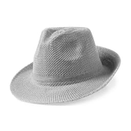A grey mesh hat with a wide brim and a structured crown, featuring a logo.