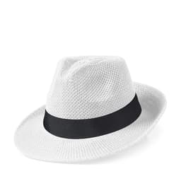 A white mesh hat with a black band. The hat features a classic fedora style and has a lightweight design.