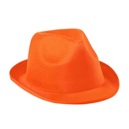 An orange mesh hat with a wide brim and a structured design, featuring a logo on the side.