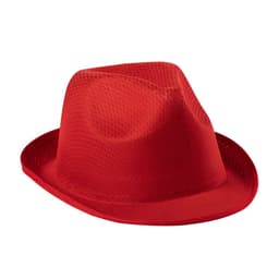 A red brim hat with a textured design and a small brim, featuring a logo on the side.