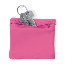 A pink zippered pouch containing a set of keys. The pouch is made of a lightweight material.