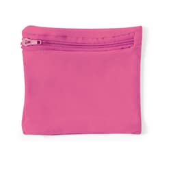 A pink pouch featuring a zip closure, designed for carrying small items.