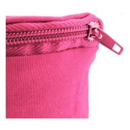 A close-up of a pink zippered pouch, showcasing the fabric and zipper detail.