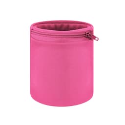 A pink fabric storage container with a zippered top, featuring a simple cylindrical design.