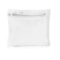 A white zippered pouch made of soft fabric, featuring a single zipper at the top.
