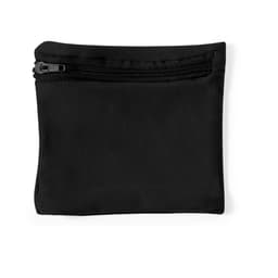 A small black pouch with a zippered closure, featuring a sleek, smooth fabric finish.