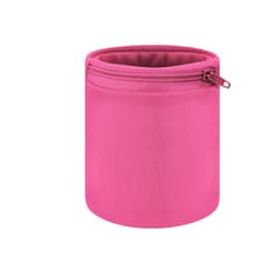 A pink cylindrical container with a zip closure, made of soft fabric. It has a simple design and sturdy structure.