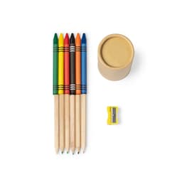 A set of six coloured pencils in green, yellow, red, orange, blue, and black, with a sharpener and a cylindrical container.