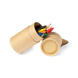 A cylindrical container partially open, revealing coloured pencils in red, green, blue, yellow, and black. The container has a natural brown texture and features a logo.