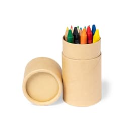 A cylindrical cardboard container filled with coloured pencils in various shades, including red, green, yellow, and blue.