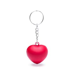 A red heart-shaped keyring attached to a silver chain, featuring a metal keyring.