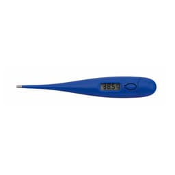 A blue digital thermometer with a slender design and a display showing a temperature reading.