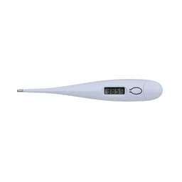 A digital thermometer in white with a long, slender design and a display showing a temperature reading.