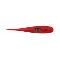A digital thermometer with a long, slim design in vibrant red, featuring a display screen showing the temperature.