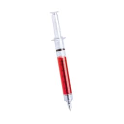 A red and clear pen designed to resemble a syringe, featuring a metallic tip and a logo.