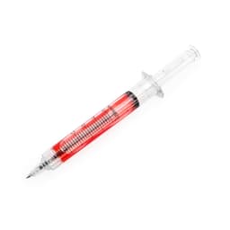 A red and clear pen designed to resemble a syringe with a visible measurement scale. It has branding on the body.