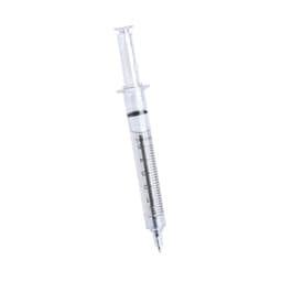 A clear pen designed like a syringe, featuring measurements and a pen tip at the end.