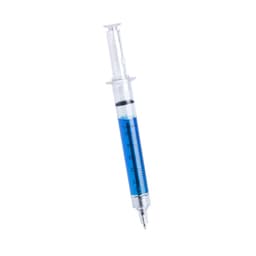 A blue medical-themed pen designed to resemble a syringe, with a transparent body and a silver tip.