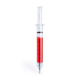 A red and clear pen designed like a syringe, featuring measurement markings and a branding logo.