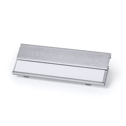 A silver name badge holder with a blank white insert, designed for exhibitions and events.