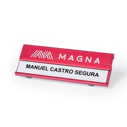 A red name badge featuring a logo at the top and a white area for a name.