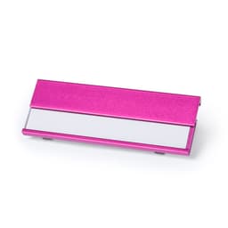 A pink metallic name badge holder with a sleek design and a blank white insert area.