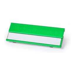 A green aluminium name badge holder with a blank white insert for customisation. It has a sleek, modern design.