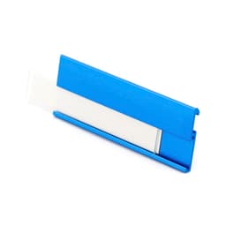 A blue rectangular name badge holder with a clear insert for displaying identification. It has a branding logo.