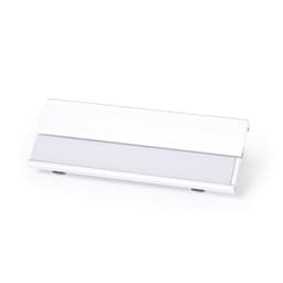 A white name badge holder featuring a sleek design with a transparent section for displaying names.