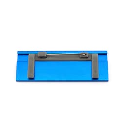 A blue name badge holder with a safety pin attachment on the back. It features a sleek, modern design.