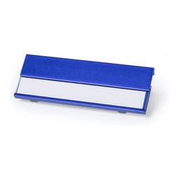 A blue name badge holder with a flip-top design and a blank white insert for customisation.