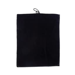 A black tablet case featuring a soft exterior and a drawstring closure. Includes a branding logo.