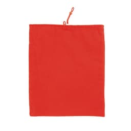 A red tablet case with a drawstring closure, featuring a simple design and a logo.