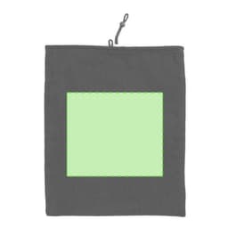 A grey tablet case with a green panel, featuring a drawstring closure and a logo.