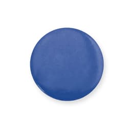 A blue lapel pin with a glossy finish, featuring a circular design. It includes a branding element.