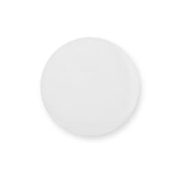 A round, white lapel pin featuring a smooth surface and a simple design. It includes a logo.