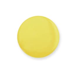 A round yellow lapel pin with a shiny finish, featuring a decorative branding logo.