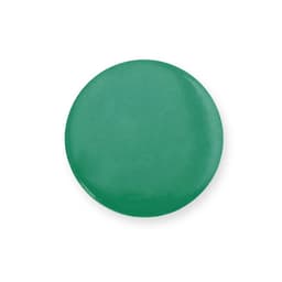 A green lapel pin with a shiny finish and a round shape, featuring a logo on the surface.