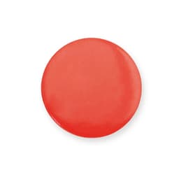A circular red lapel pin with a smooth, shiny surface. It has a logo or branding visible on it.