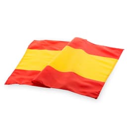 Two waving flags featuring red and yellow stripes, with one flag displaying a branding logo.