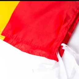 A vibrant red and yellow flag with white ties, suitable for exhibitions and events. It features branding.
